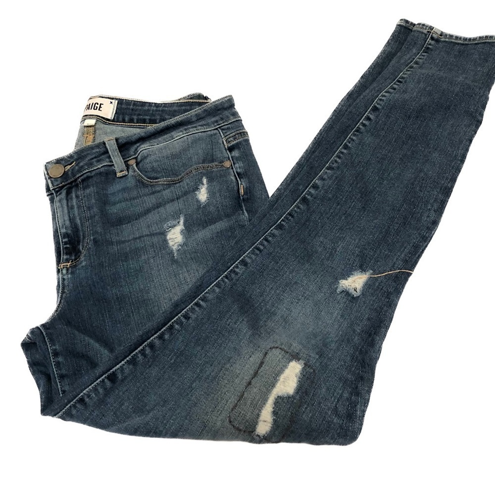 Paige Grunge Boho Distressed Skinny Ultra Low Rise Verdugo Jeans Medium Wash 31